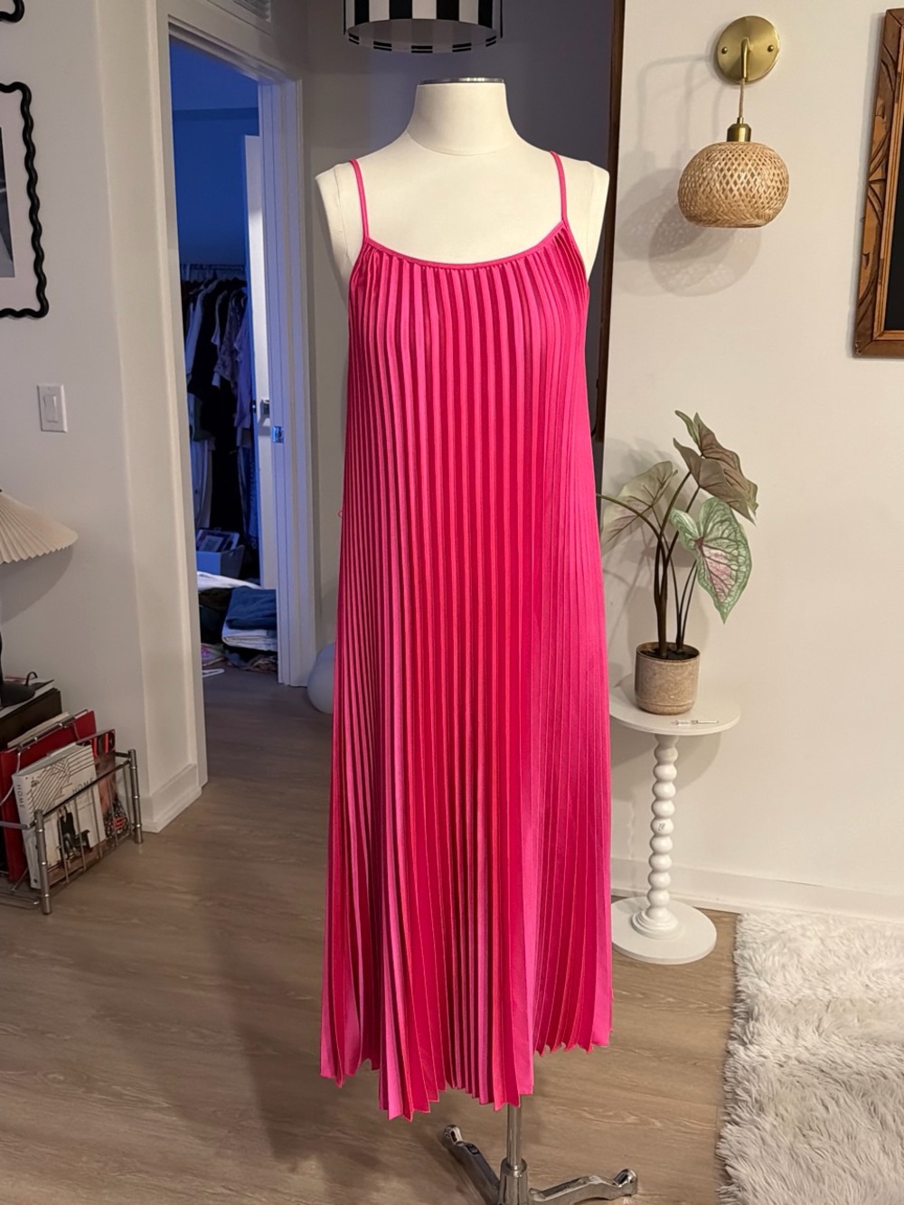 Sam Edelman Hot Pink Pleated Maxi Slip Dress